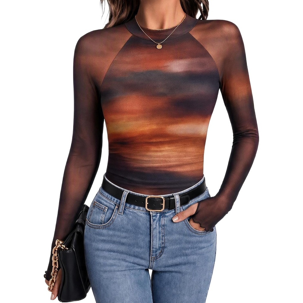 image:imageZeagoo Long Sleeve Shirts for Women Sheer Mesh Top Mock Neck Fitted BlousesCx292