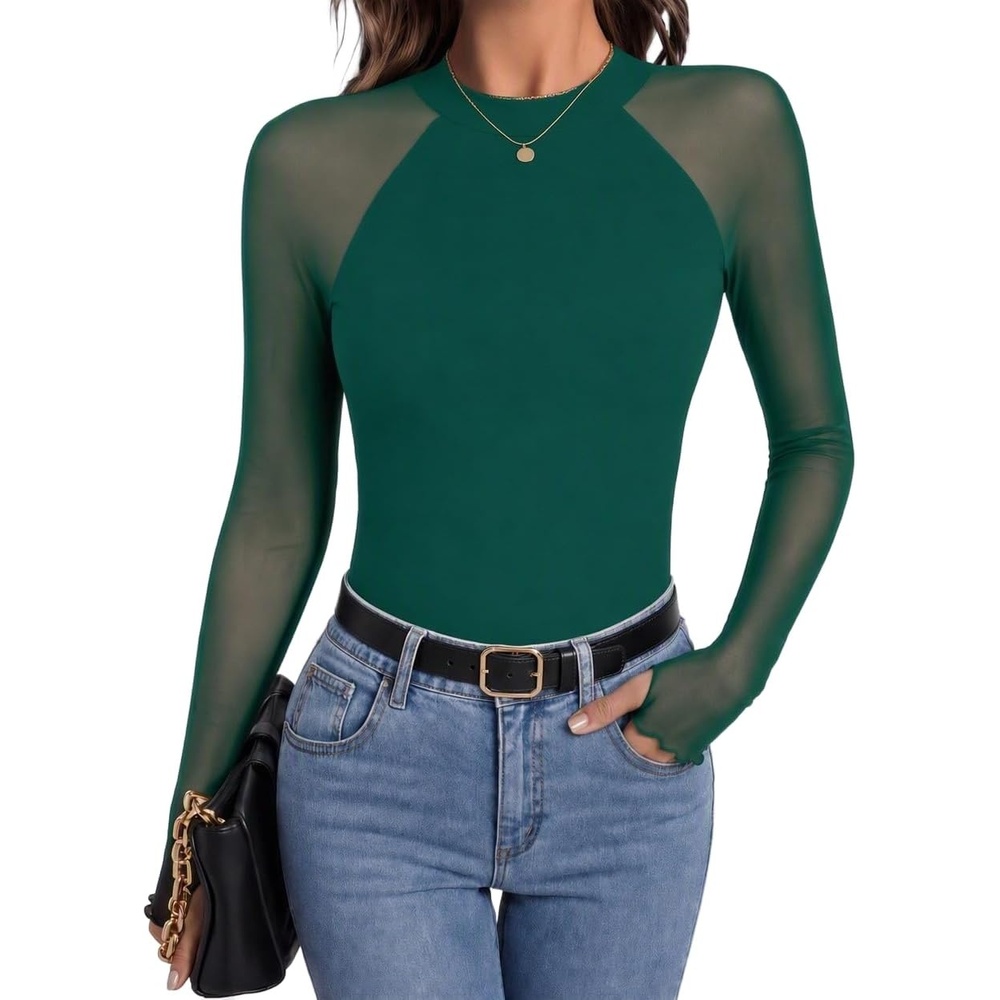 image:imageZeagoo Long Sleeve Shirts for Women Sheer Mesh Top Mock Neck Fitted BlousesGreen