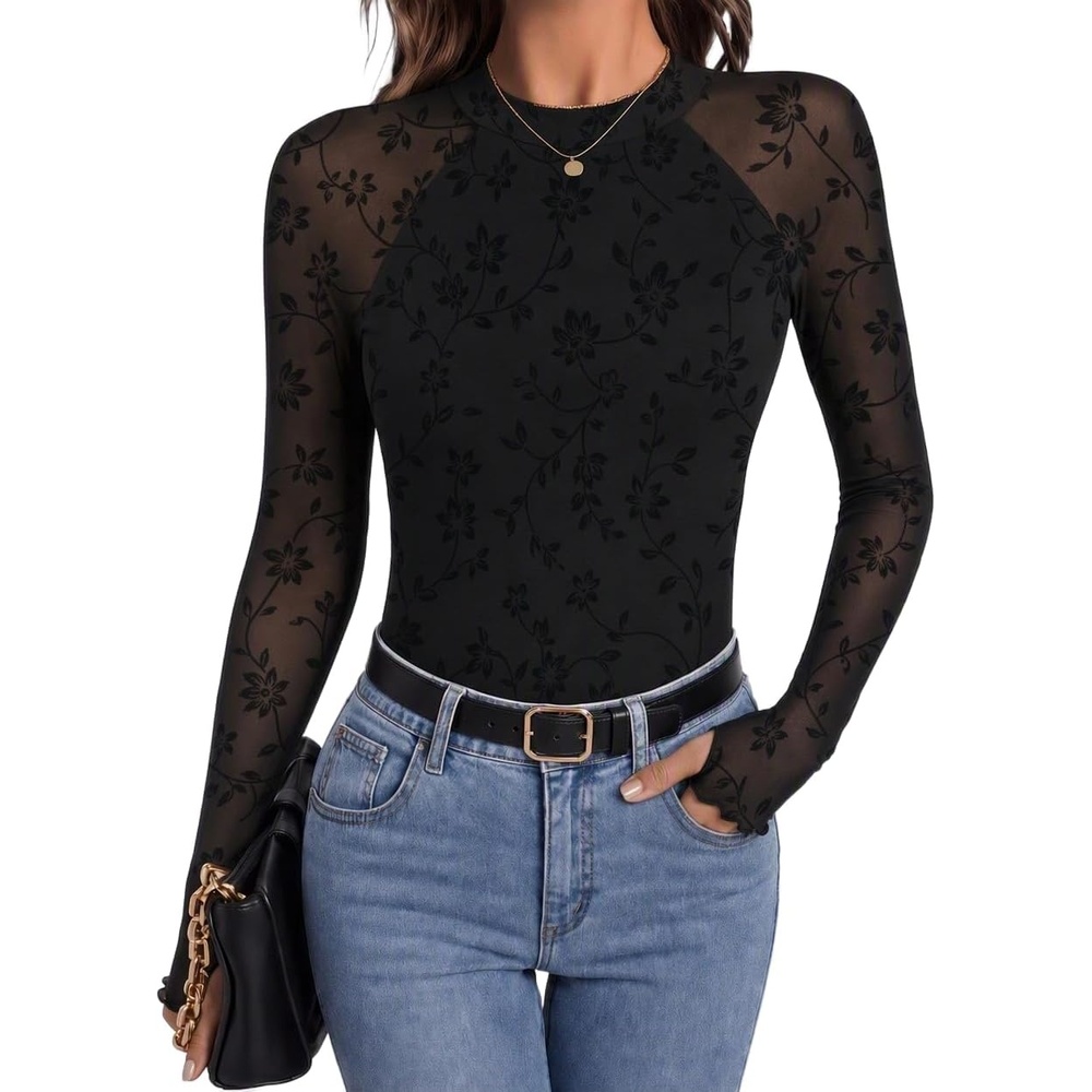 image:imageZeagoo Long Sleeve Shirts for Women Sheer Mesh Top Mock Neck Fitted BlousesZw781