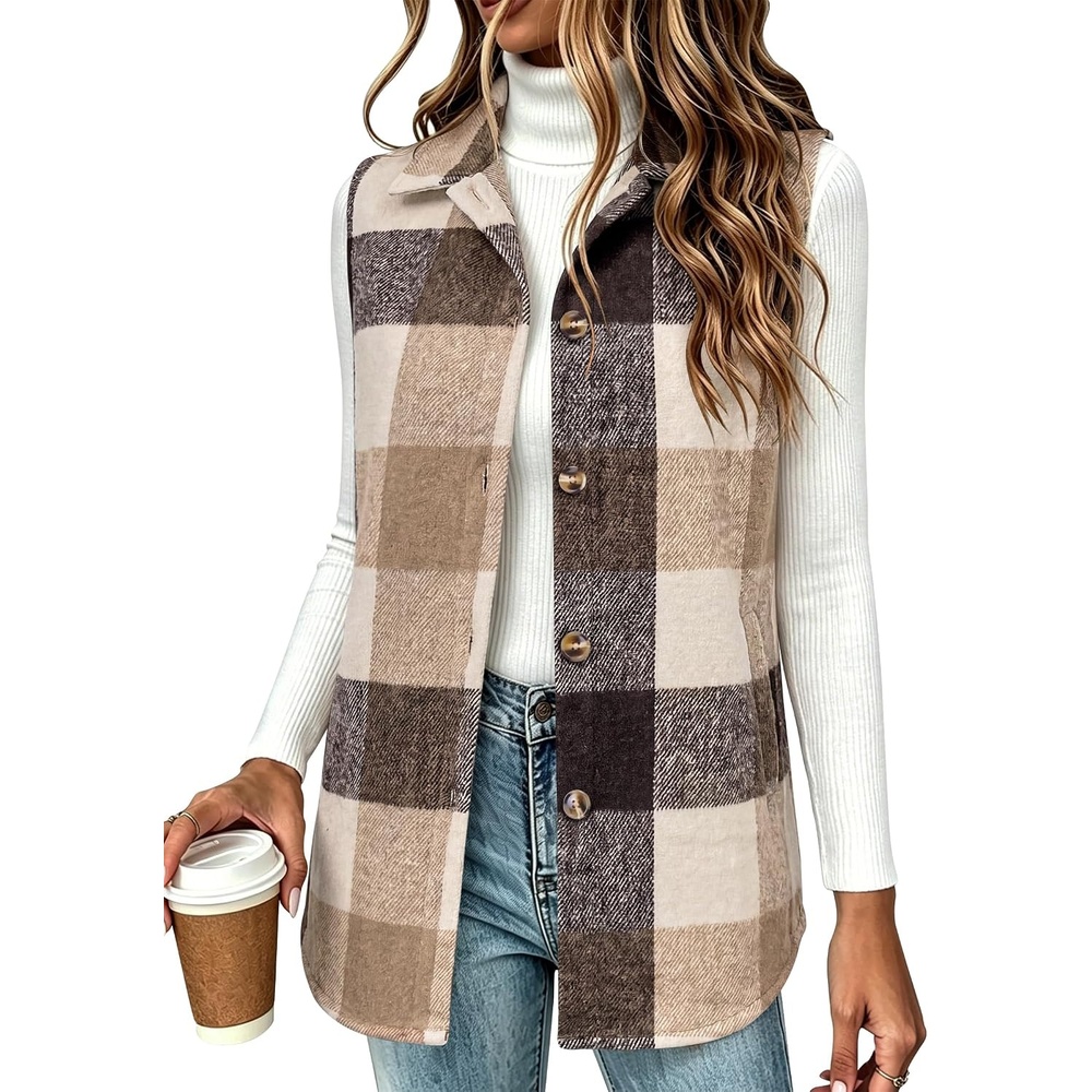 image:imageZeagoo Plaid Vest for Women Flannel Jackets Sleeveless Button Down ShirtsKhakigz798
