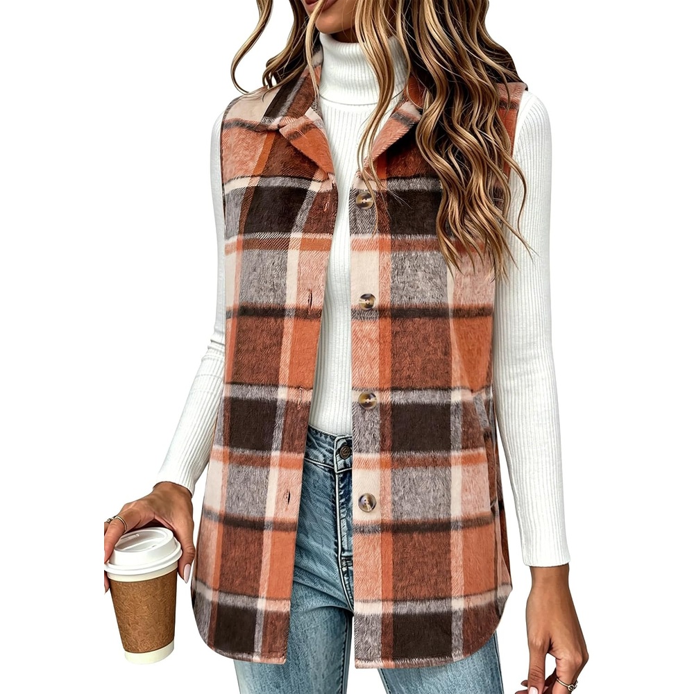 image:imageZeagoo Plaid Vest for Women Flannel Jackets Sleeveless Button Down ShirtsOrangegz526