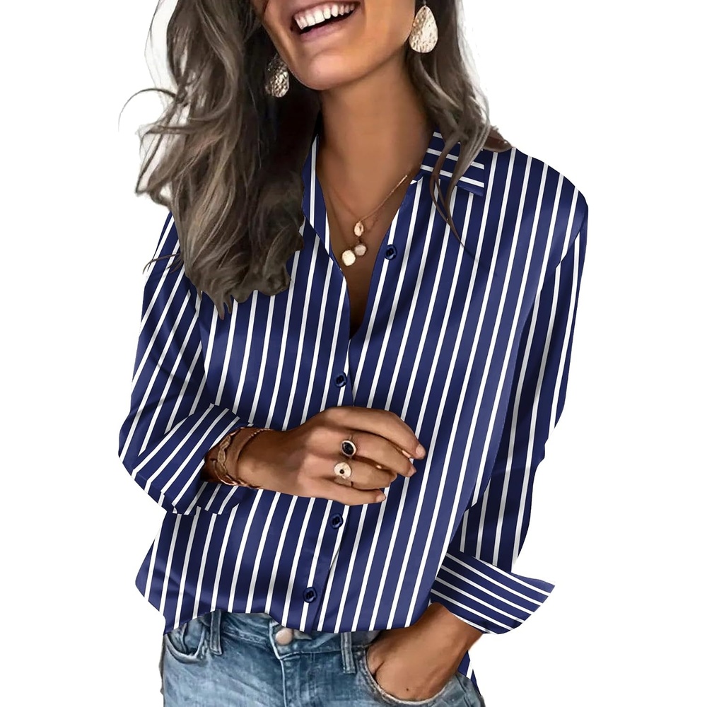image:imageZeagoo Satin Blouses for Women Silk Button Down Shirts Long Sleeve TopsNavy and White Striped