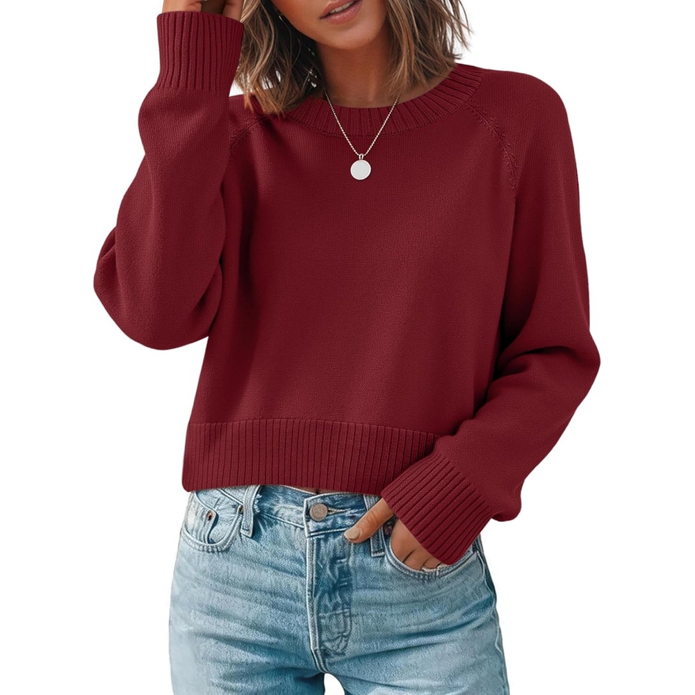 image:imageZeagoo Sweaters for Women Cropped Crewneck Basic 2026 Trendy Fall TopsWine Red