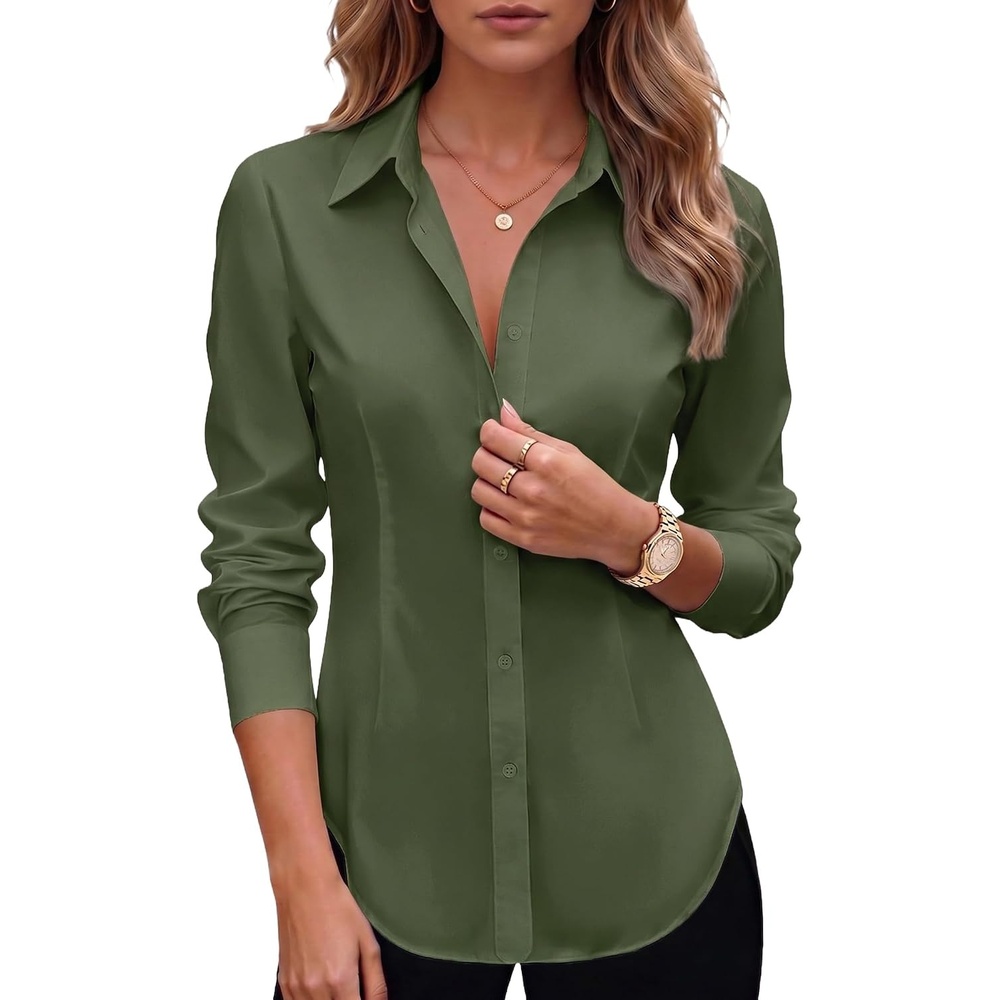 image:imageZeagoo Womens Button Down Shirts Long Sleeve Business Casual Blouses TopsArmy Green