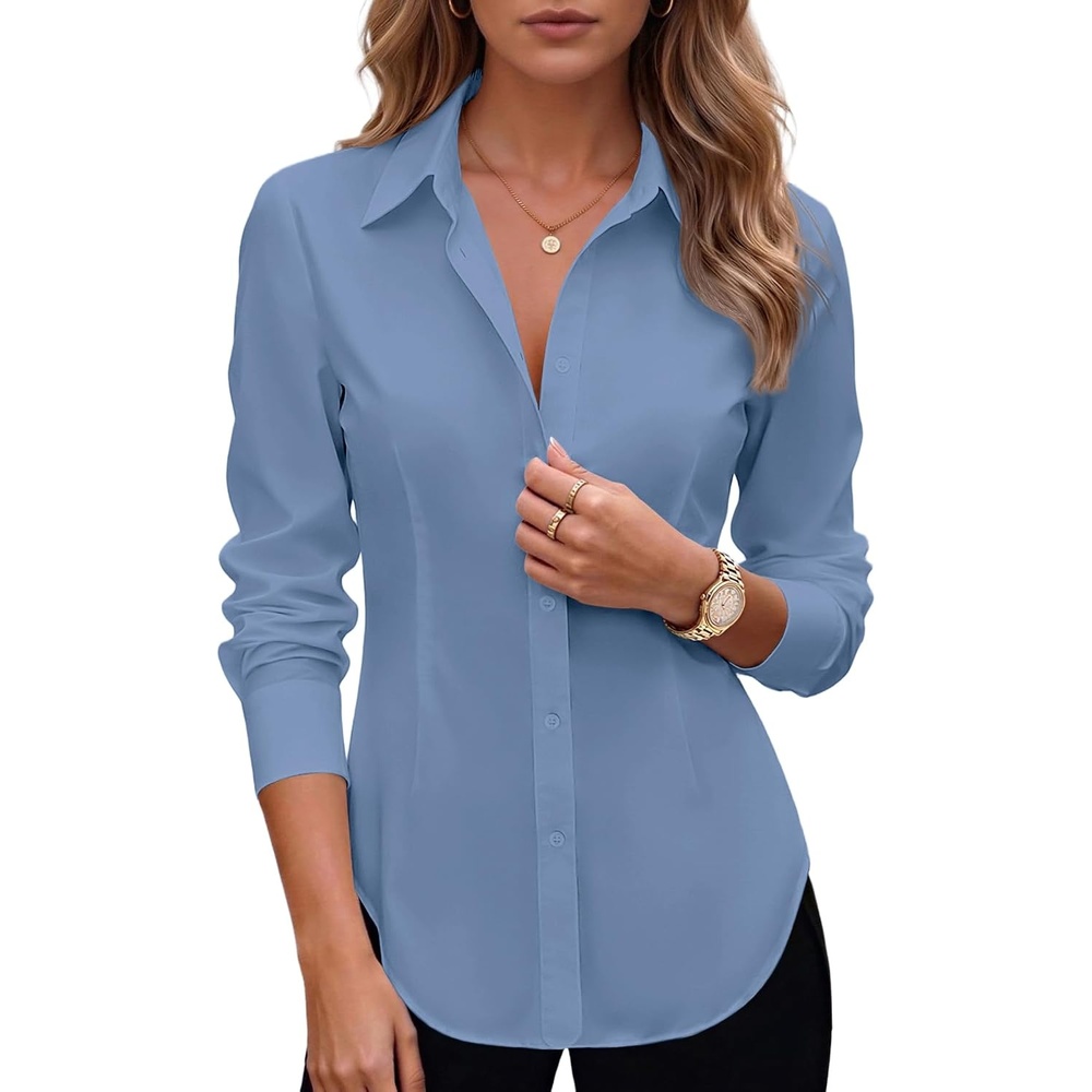 image:imageZeagoo Womens Button Down Shirts Long Sleeve Business Casual Blouses TopsGrey Blue