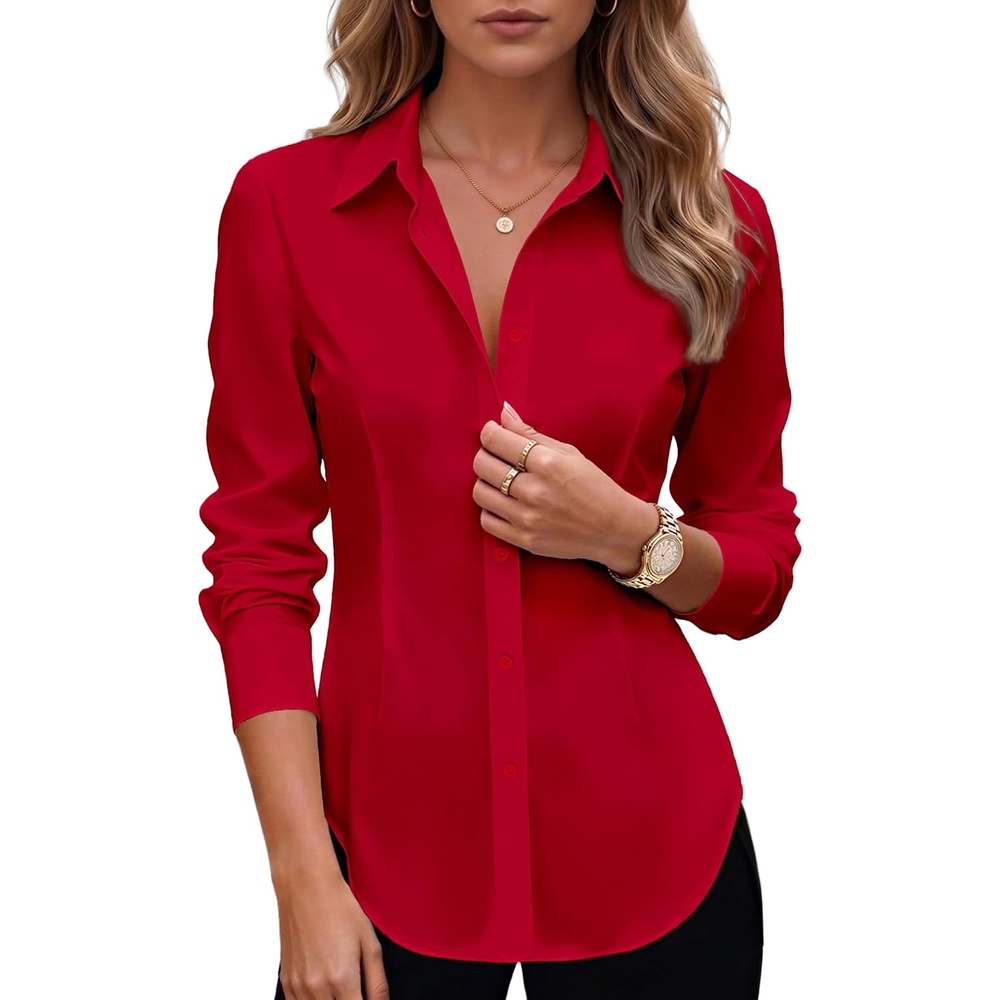 image:imageZeagoo Womens Button Down Shirts Long Sleeve Business Casual Blouses TopsRed