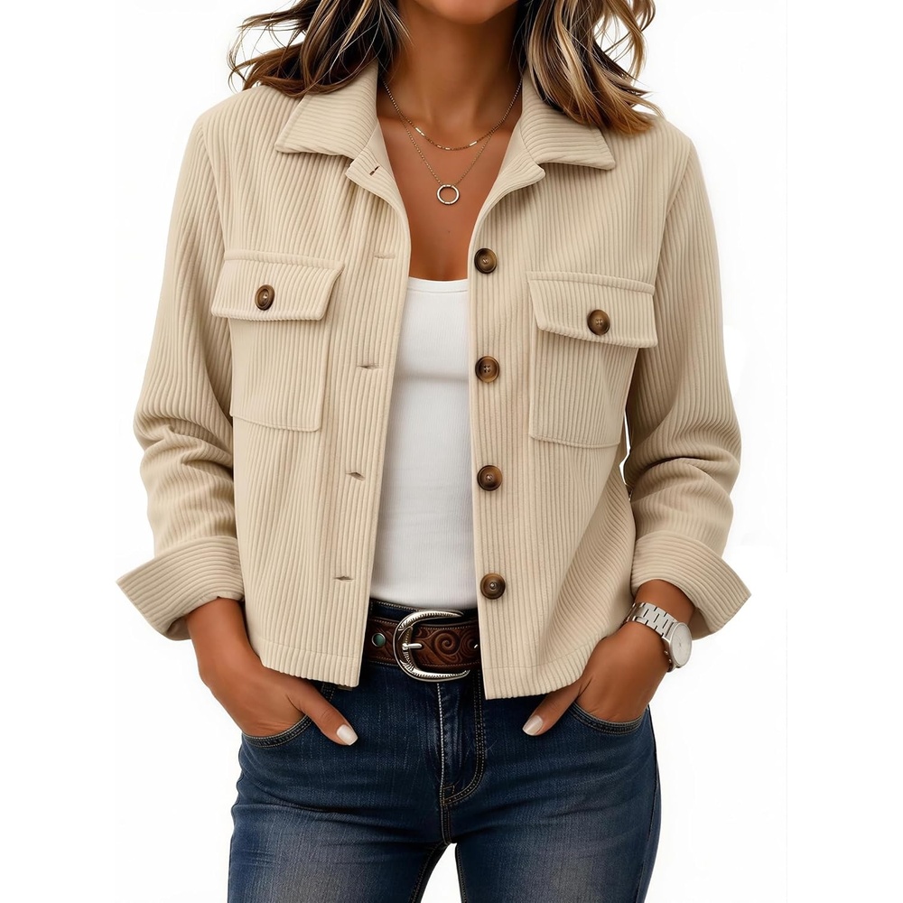 image:imageZeagoo Womens Fashion Cropped Jacket Corduroy Button Down Long Sleeve CoatsApricot