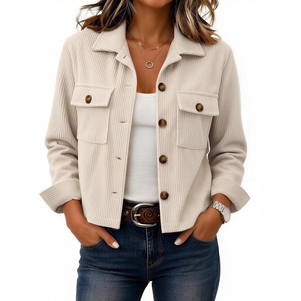 image:imageZeagoo Womens Fashion Cropped Jacket Corduroy Button Down Long Sleeve CoatsBeige