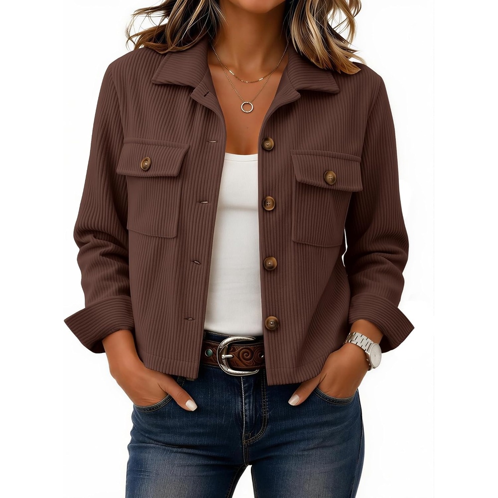 image:imageZeagoo Womens Fashion Cropped Jacket Corduroy Button Down Long Sleeve CoatsBrown