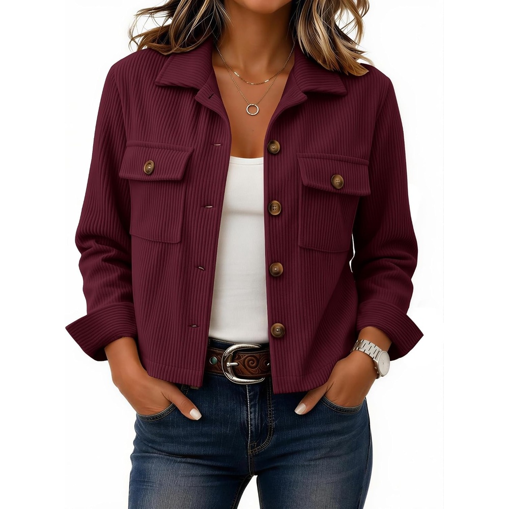 image:imageZeagoo Womens Fashion Cropped Jacket Corduroy Button Down Long Sleeve CoatsBurgundy