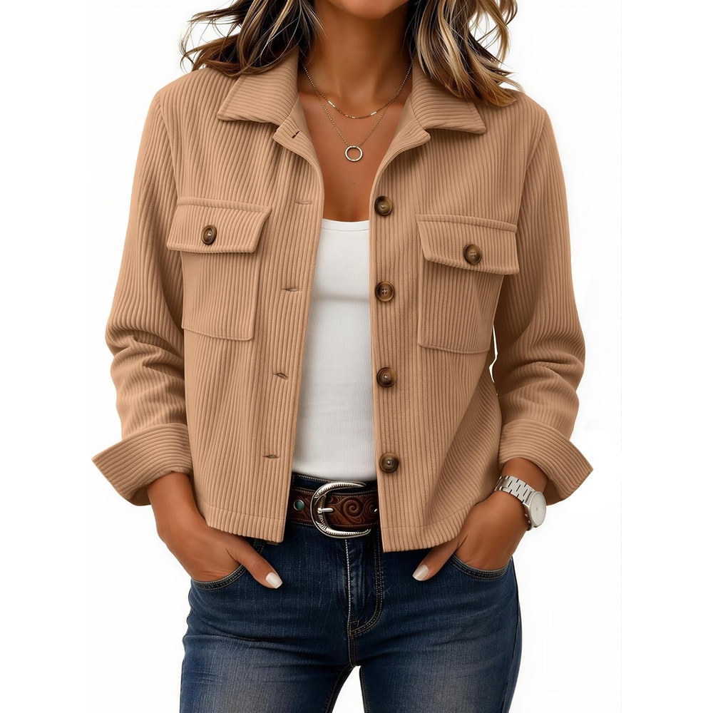 image:imageZeagoo Womens Fashion Cropped Jacket Corduroy Button Down Long Sleeve CoatsCamel