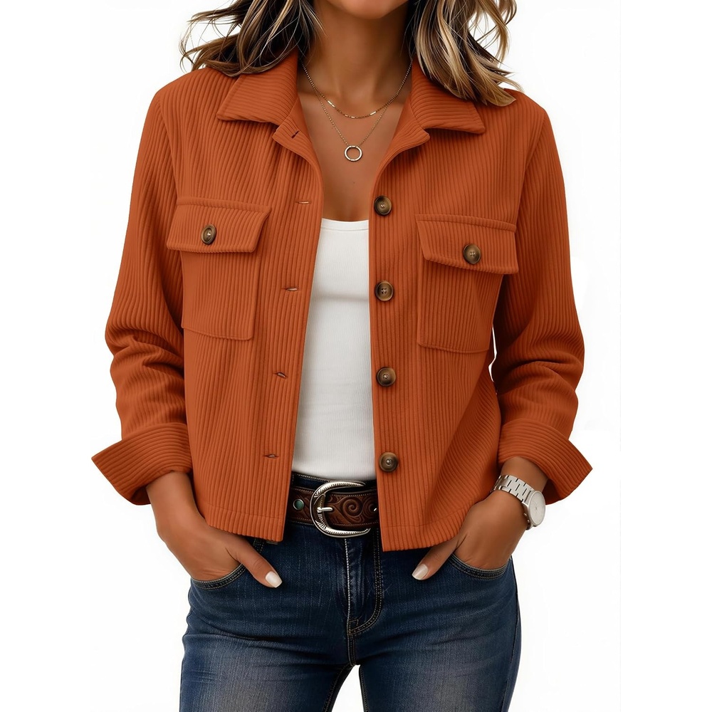 image:imageZeagoo Womens Fashion Cropped Jacket Corduroy Button Down Long Sleeve CoatsCaramel