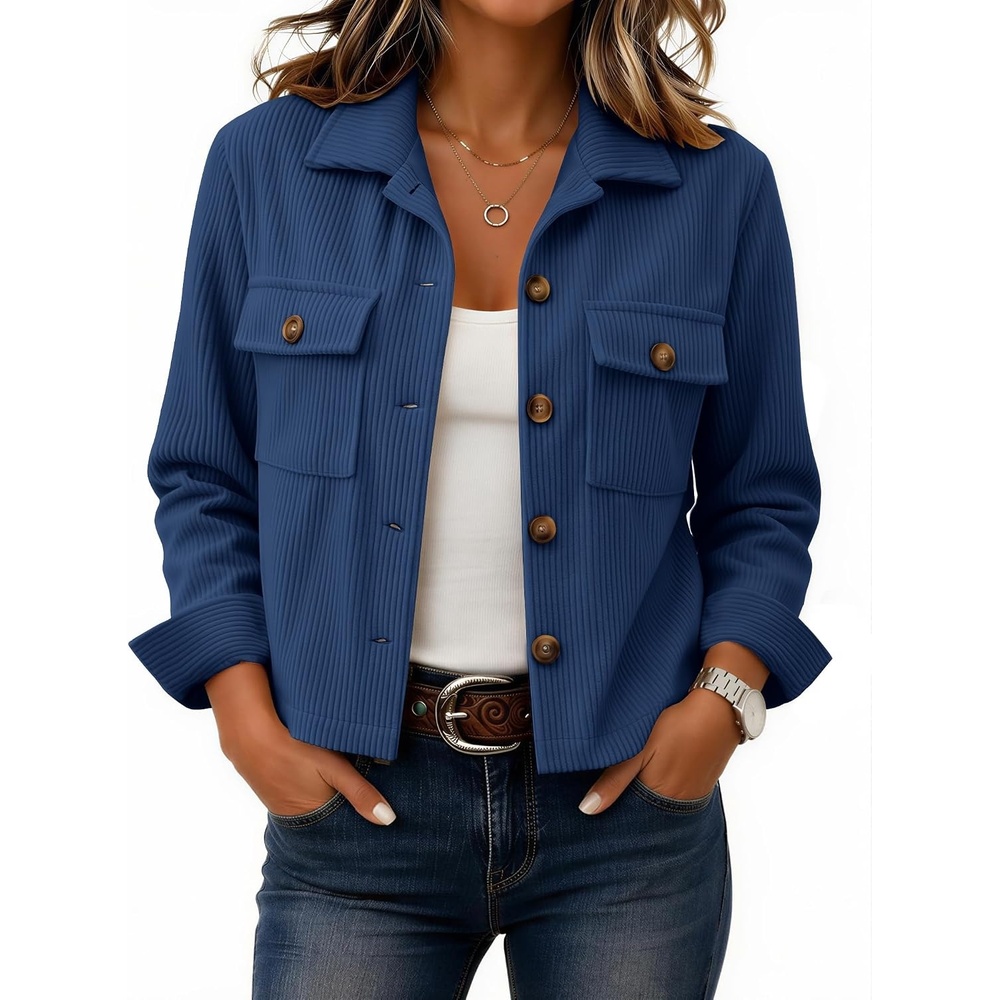image:imageZeagoo Womens Fashion Cropped Jacket Corduroy Button Down Long Sleeve CoatsNavy