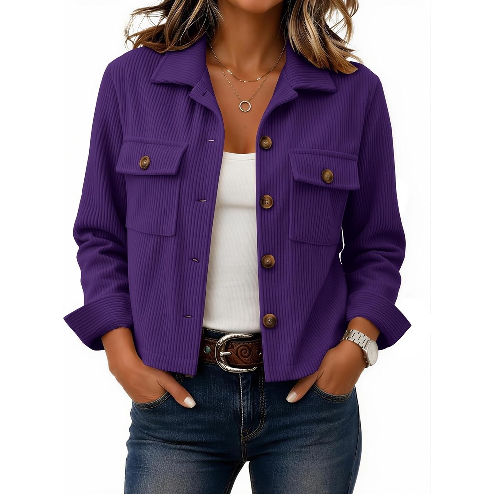 image:imageZeagoo Womens Fashion Cropped Jacket Corduroy Button Down Long Sleeve CoatsPurple