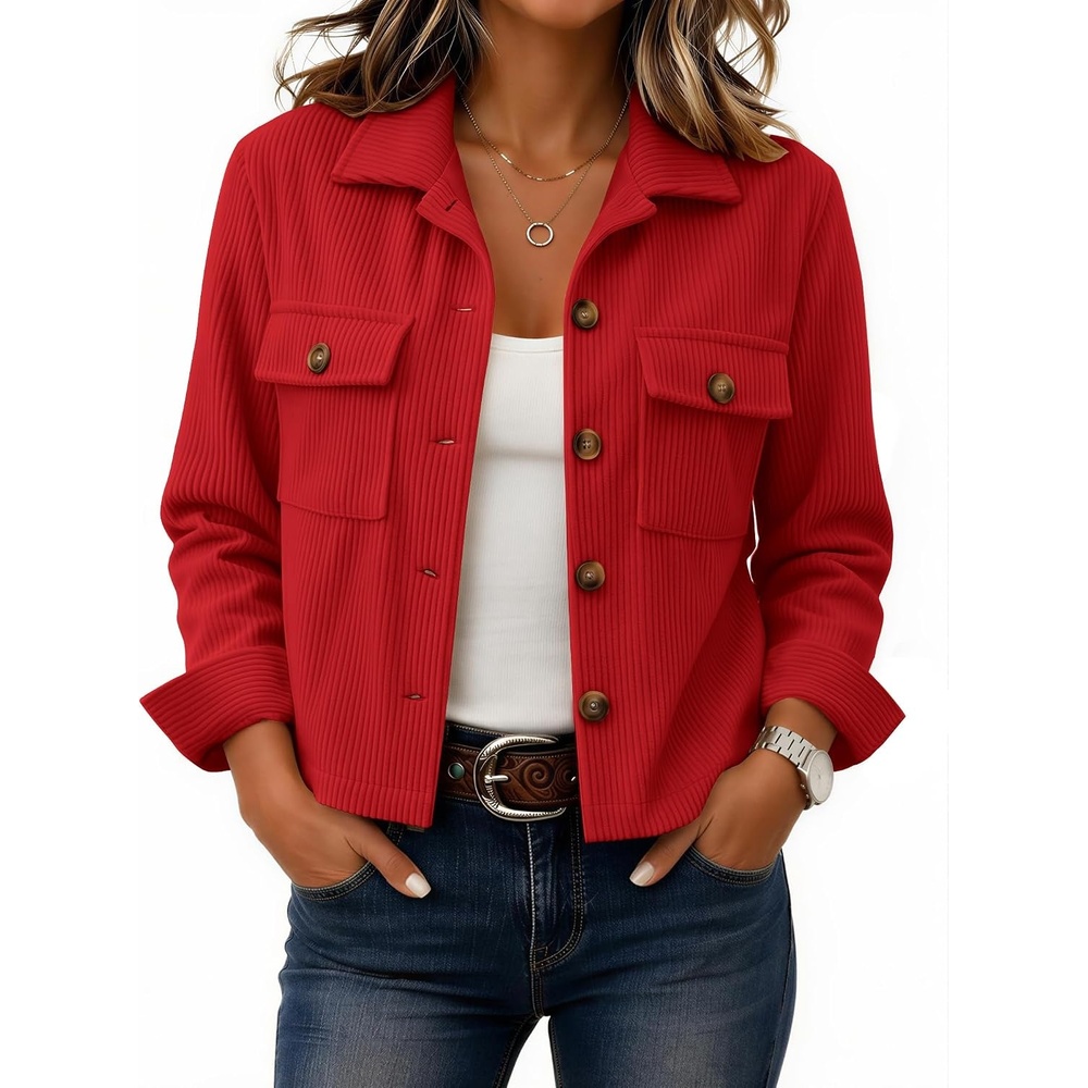 image:imageZeagoo Womens Fashion Cropped Jacket Corduroy Button Down Long Sleeve CoatsRed