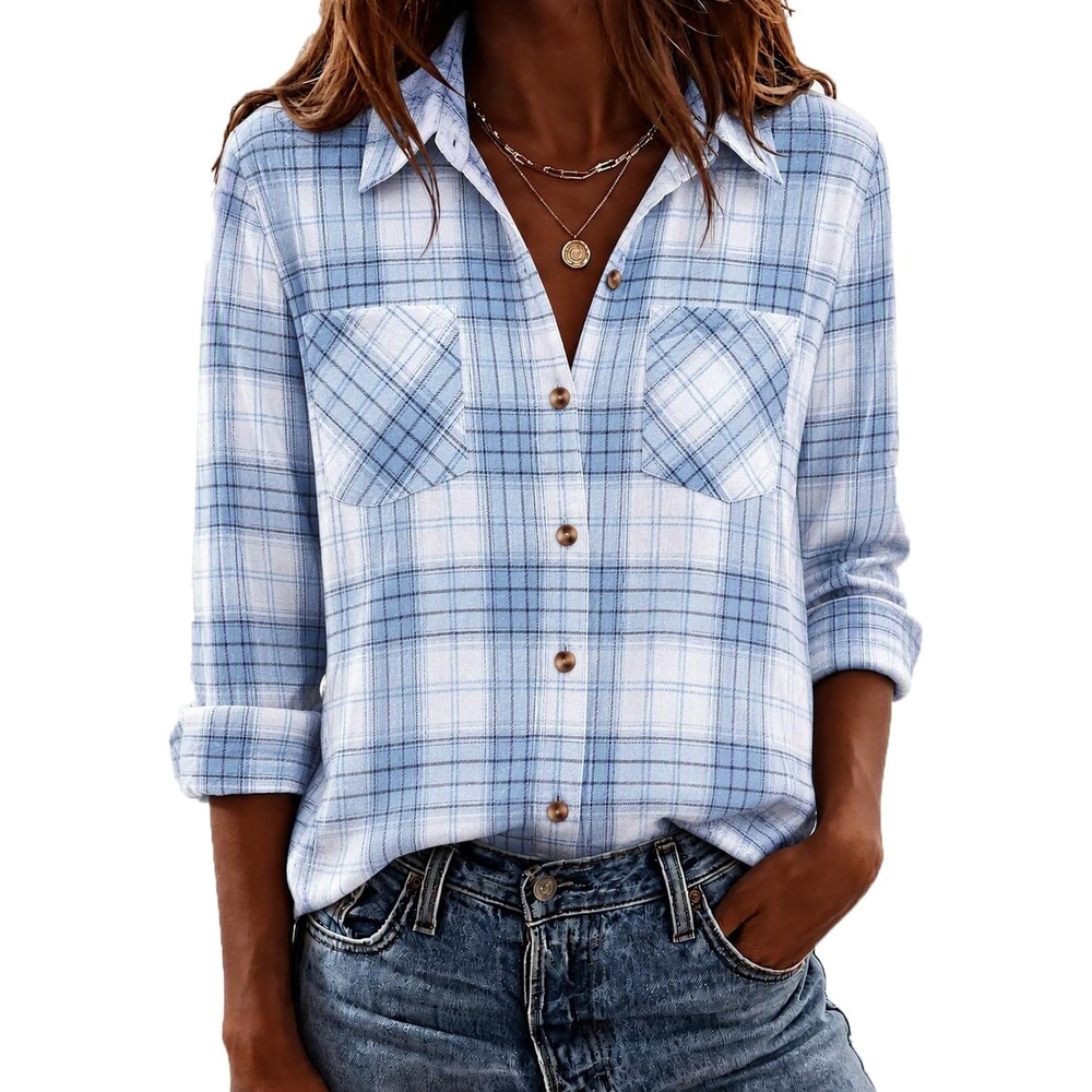 image:imageZeagoo Womens Flannel Plaid Shirts Long Sleeve Button Down Tops Work BlouseBlue White Plaid