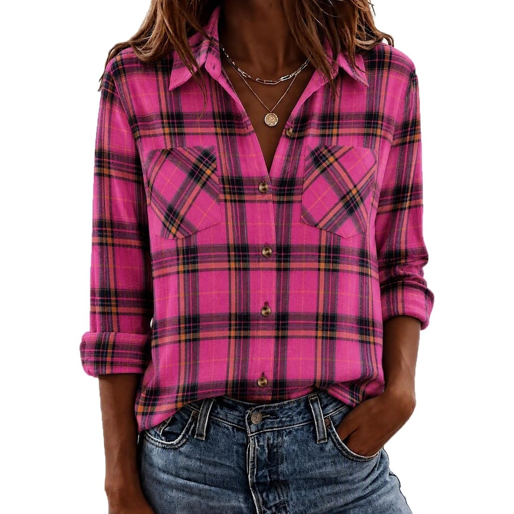 image:imageZeagoo Womens Flannel Plaid Shirts Long Sleeve Button Down Tops Work BlouseHot Pink