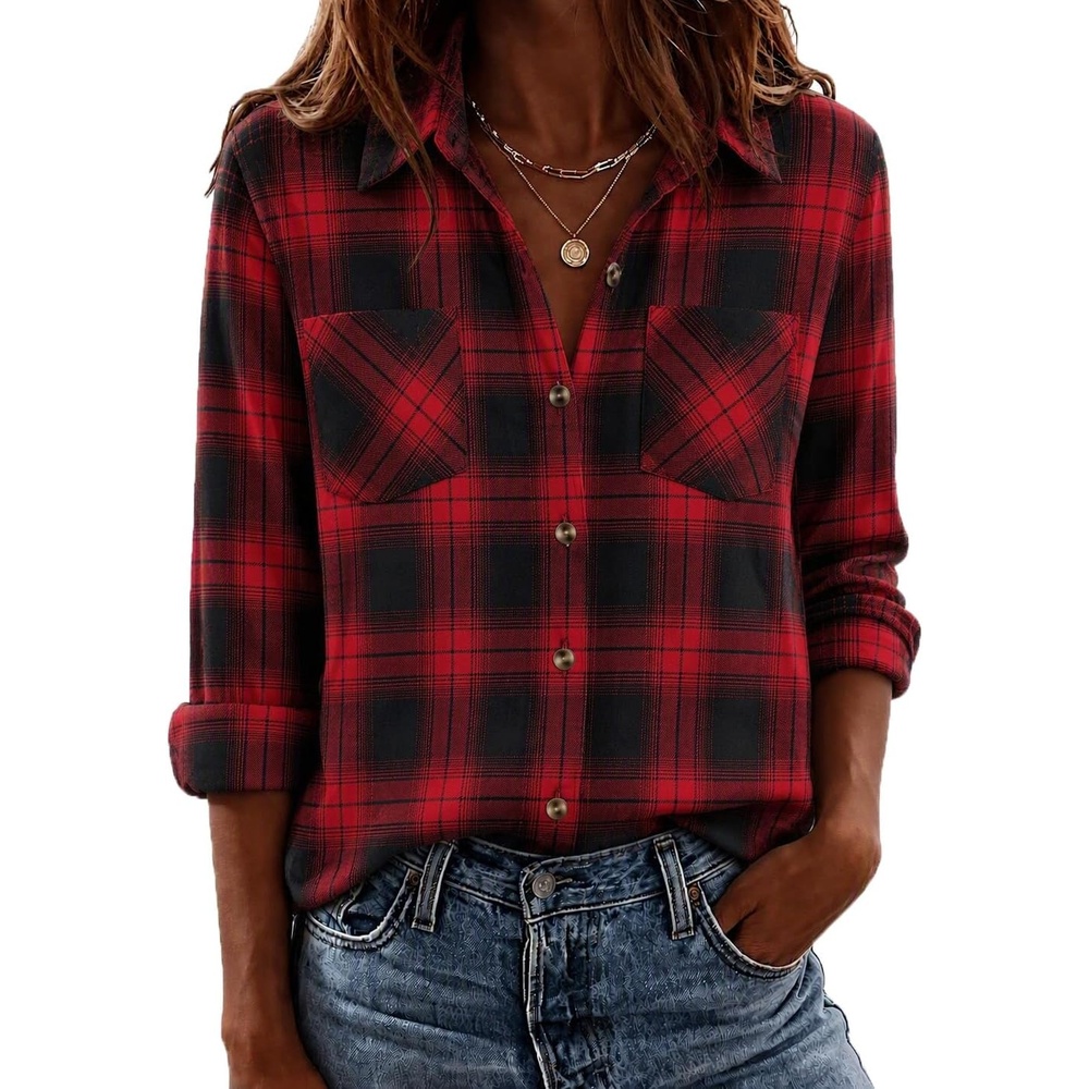 image:imageZeagoo Womens Flannel Plaid Shirts Long Sleeve Button Down Tops Work BlouseRed