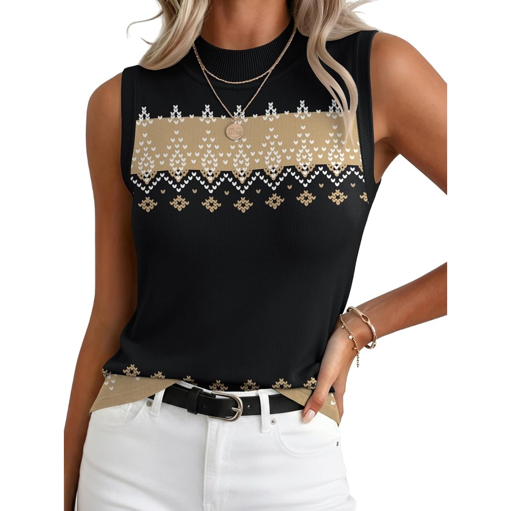 image:imageZeagoo Womens Sleeveless Tops Turtleneck Sweater Business Casual OutfitsA6black Geometric