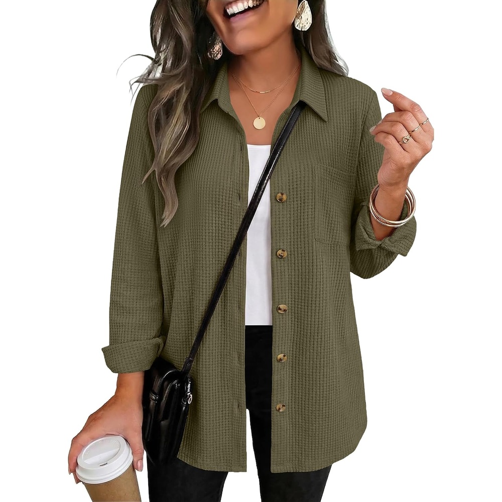 image:imageZeagoo Womens Waffle Knit Shacket Button Down Long Sleeve Tops with PocketArmy Green