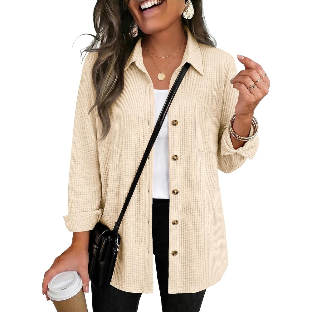 image:imageZeagoo Womens Waffle Knit Shacket Button Down Long Sleeve Tops with PocketBeige