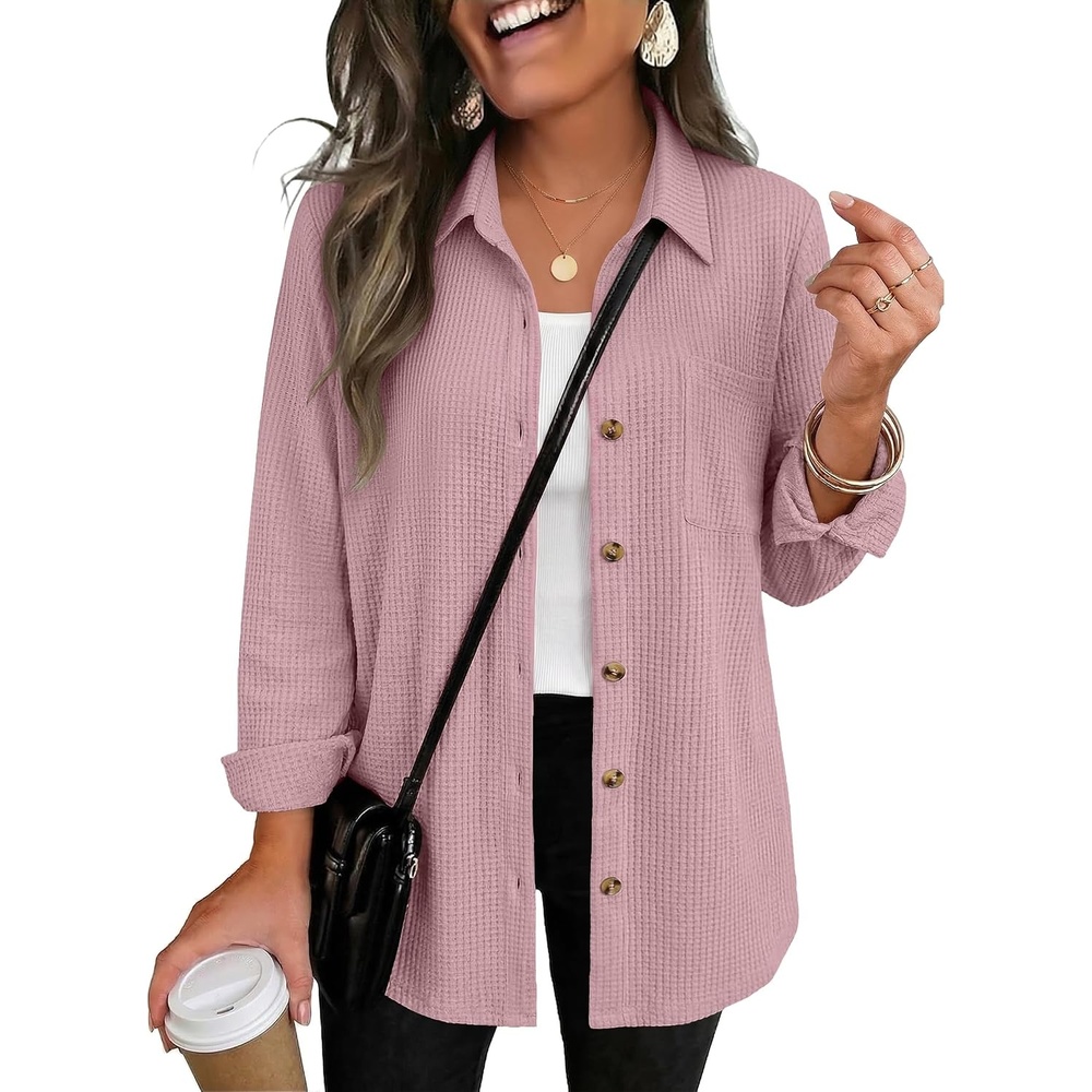 image:imageZeagoo Womens Waffle Knit Shacket Button Down Long Sleeve Tops with PocketBlush Rose