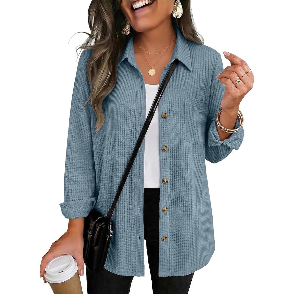 image:imageZeagoo Womens Waffle Knit Shacket Button Down Long Sleeve Tops with PocketClear Blue