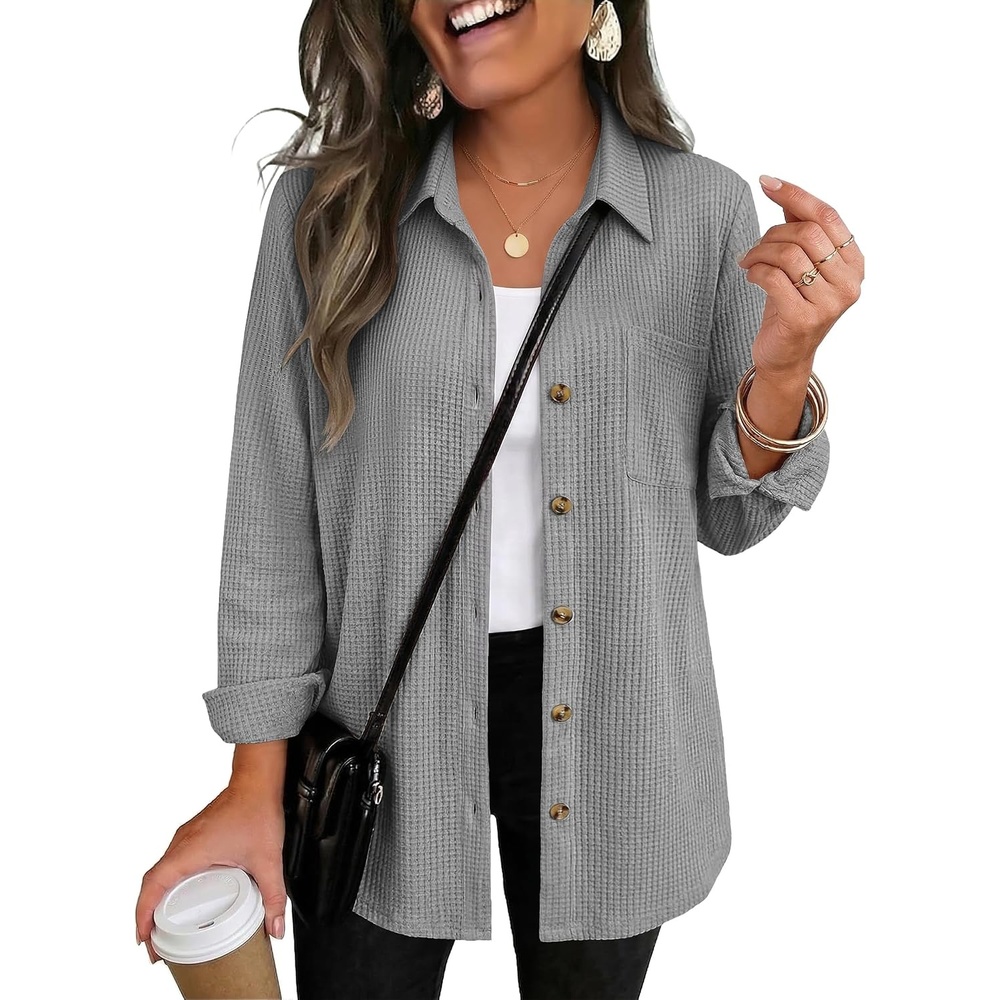image:imageZeagoo Womens Waffle Knit Shacket Button Down Long Sleeve Tops with PocketGrey