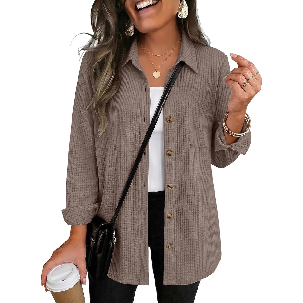 image:imageZeagoo Womens Waffle Knit Shacket Button Down Long Sleeve Tops with PocketKhaki