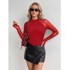 Zeagoo Long Sleeve Shirts for Women Sheer Mesh Top Mock Neck Fitted Blouses(Pure Red)