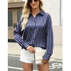 Zeagoo Satin Blouses for Women Silk Button Down Shirts Long Sleeve Tops(Navy and White Striped)
