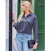 Zeagoo Satin Blouses for Women Silk Button Down Shirts Long Sleeve Tops(Navy and White Striped)