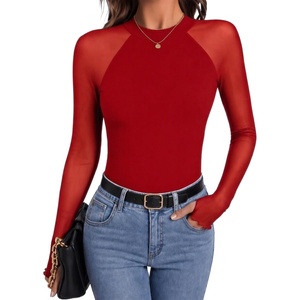 Zeagoo Long Sleeve Shirts for Women Sheer Mesh Top Mock Neck Fitted Blouses(Pure Red)