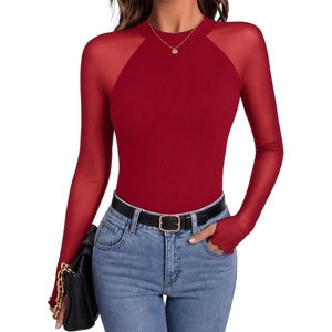 Zeagoo Long Sleeve Shirts for Women Sheer Mesh Top Mock Neck Fitted Blouses(Red)