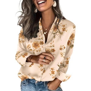 Zeagoo Satin Blouses for Women Silk Button Down Shirts Long Sleeve Tops(Champagne Floral)