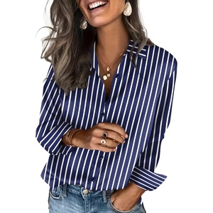 Zeagoo Satin Blouses for Women Silk Button Down Shirts Long Sleeve Tops(Navy and White Striped)
