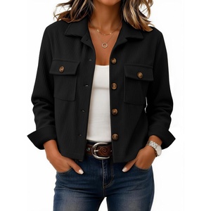 Zeagoo Womens Fashion Cropped Jacket Corduroy Button Down Long Sleeve Coats(Black)