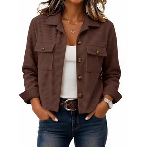Zeagoo Womens Fashion Cropped Jacket Corduroy Button Down Long Sleeve Coats(Brown)