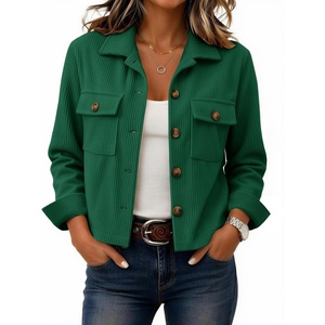 Zeagoo Womens Fashion Cropped Jacket Corduroy Button Down Long Sleeve Coats(Dark Green)