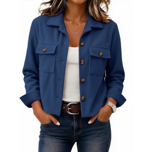 Zeagoo Womens Fashion Cropped Jacket Corduroy Button Down Long Sleeve Coats(Navy)