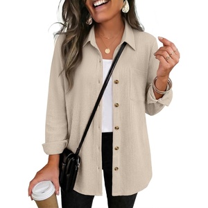 Zeagoo Womens Waffle Knit Shacket Button Down Long Sleeve Tops with Pocket(01-apricot)