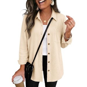 Zeagoo Womens Waffle Knit Shacket Button Down Long Sleeve Tops with Pocket(Beige)