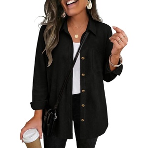 Zeagoo Womens Waffle Knit Shacket Button Down Long Sleeve Tops with Pocket(Black)