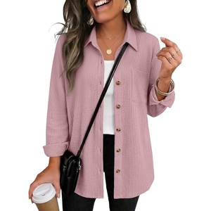 Zeagoo Womens Waffle Knit Shacket Button Down Long Sleeve Tops with Pocket(Blush Rose)