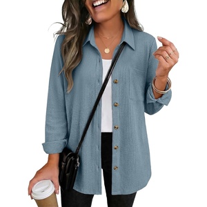 Zeagoo Womens Waffle Knit Shacket Button Down Long Sleeve Tops with Pocket(Clear Blue)