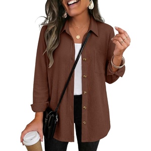 Zeagoo Womens Waffle Knit Shacket Button Down Long Sleeve Tops with Pocket(Coffee)