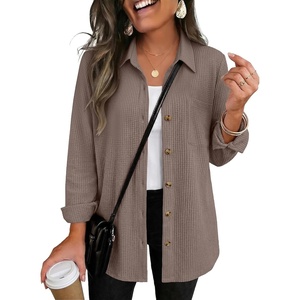 Zeagoo Womens Waffle Knit Shacket Button Down Long Sleeve Tops with Pocket(Khaki)