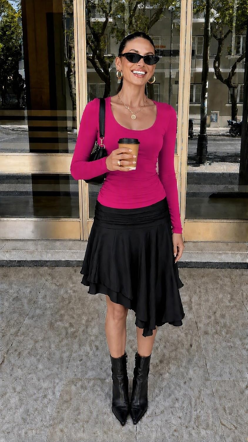 image:imageZeagoo Long Sleeve Shirts for Women Going Out Tops Fall Scoop Neck TshirtsHot Pink