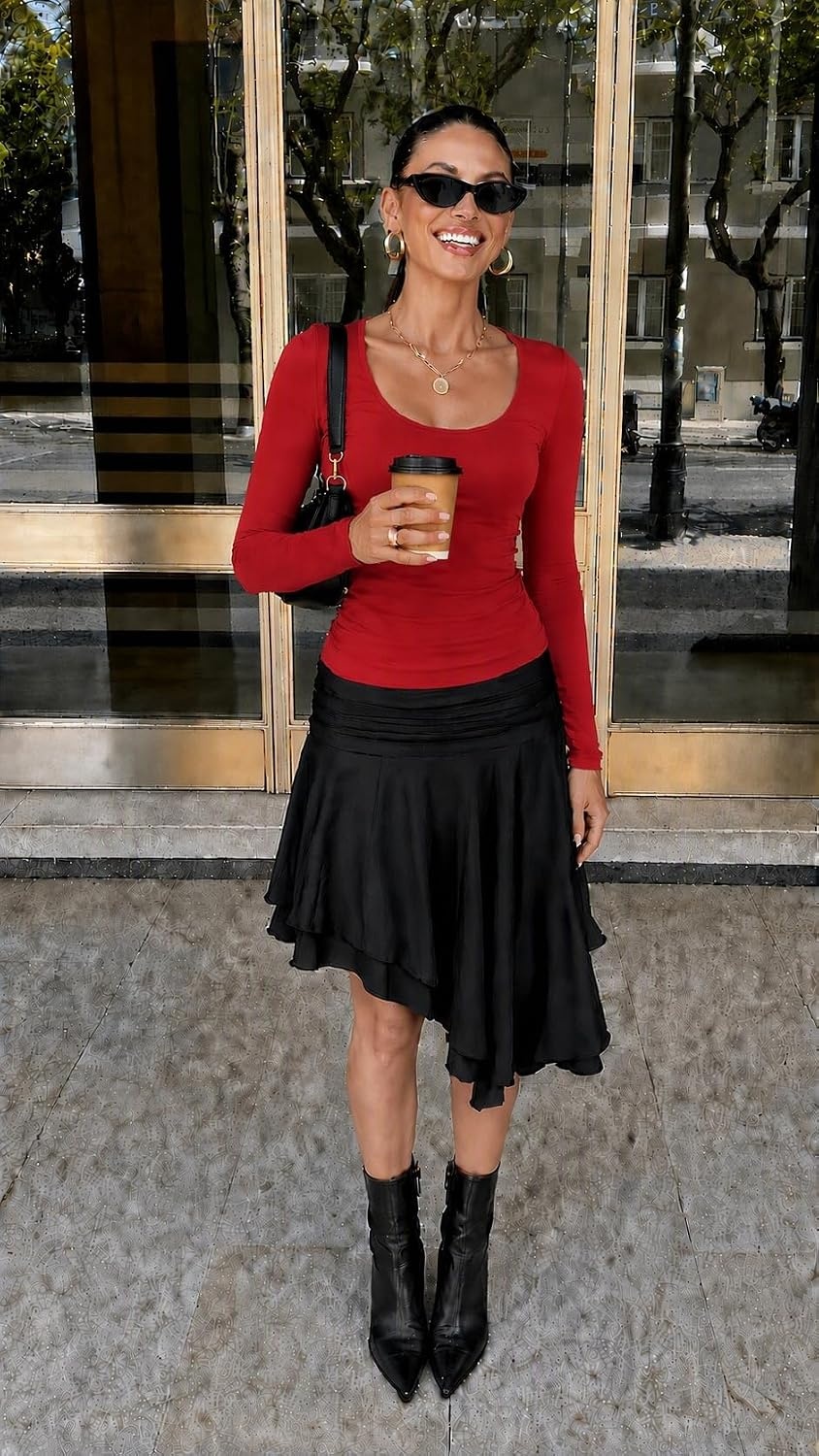 image:imageZeagoo Long Sleeve Shirts for Women Going Out Tops Fall Scoop Neck TshirtsRed