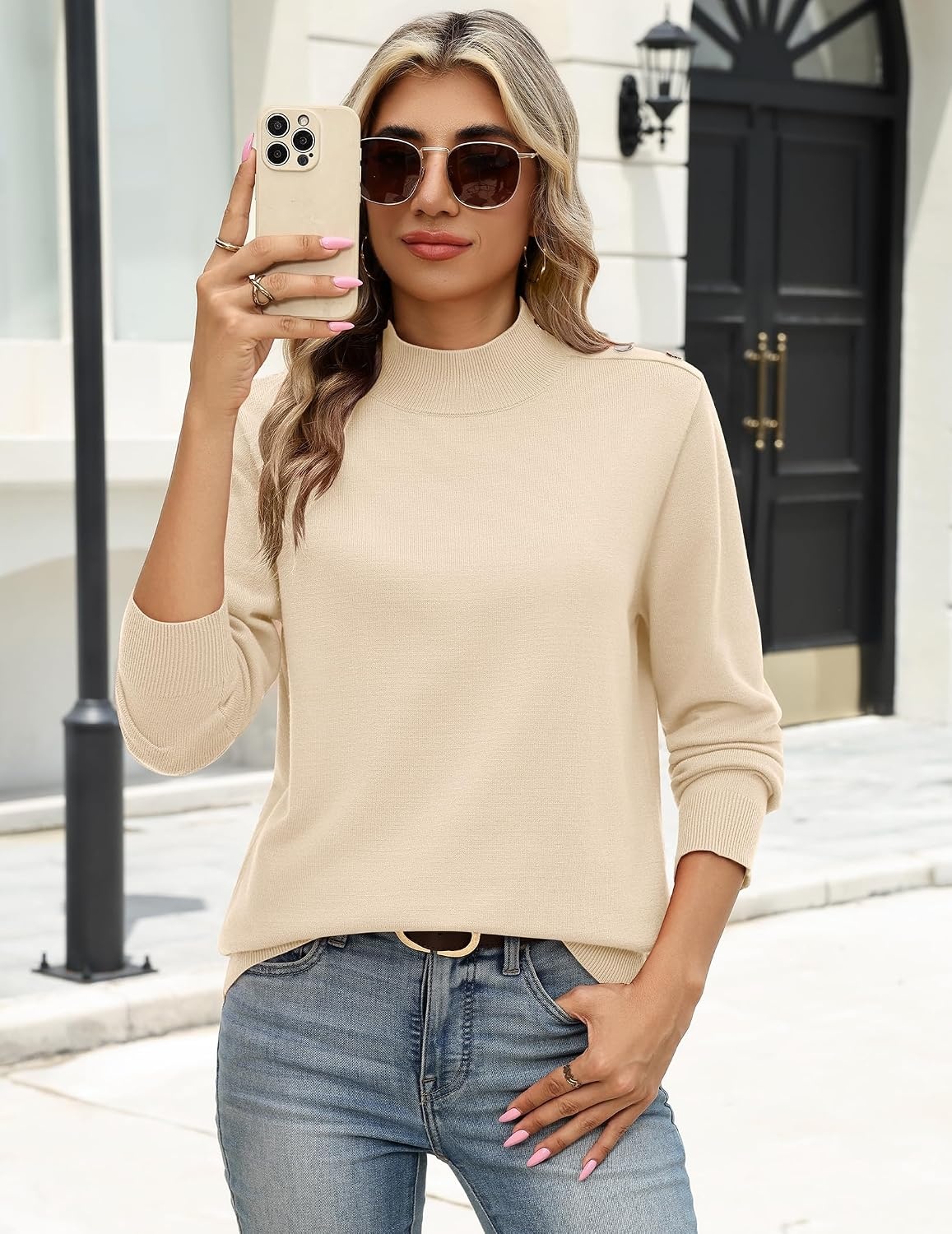 image:imageZeagoo Sweaters for Women Turtleneck Tops Long Sleeve Mock Neck PulloverBeige